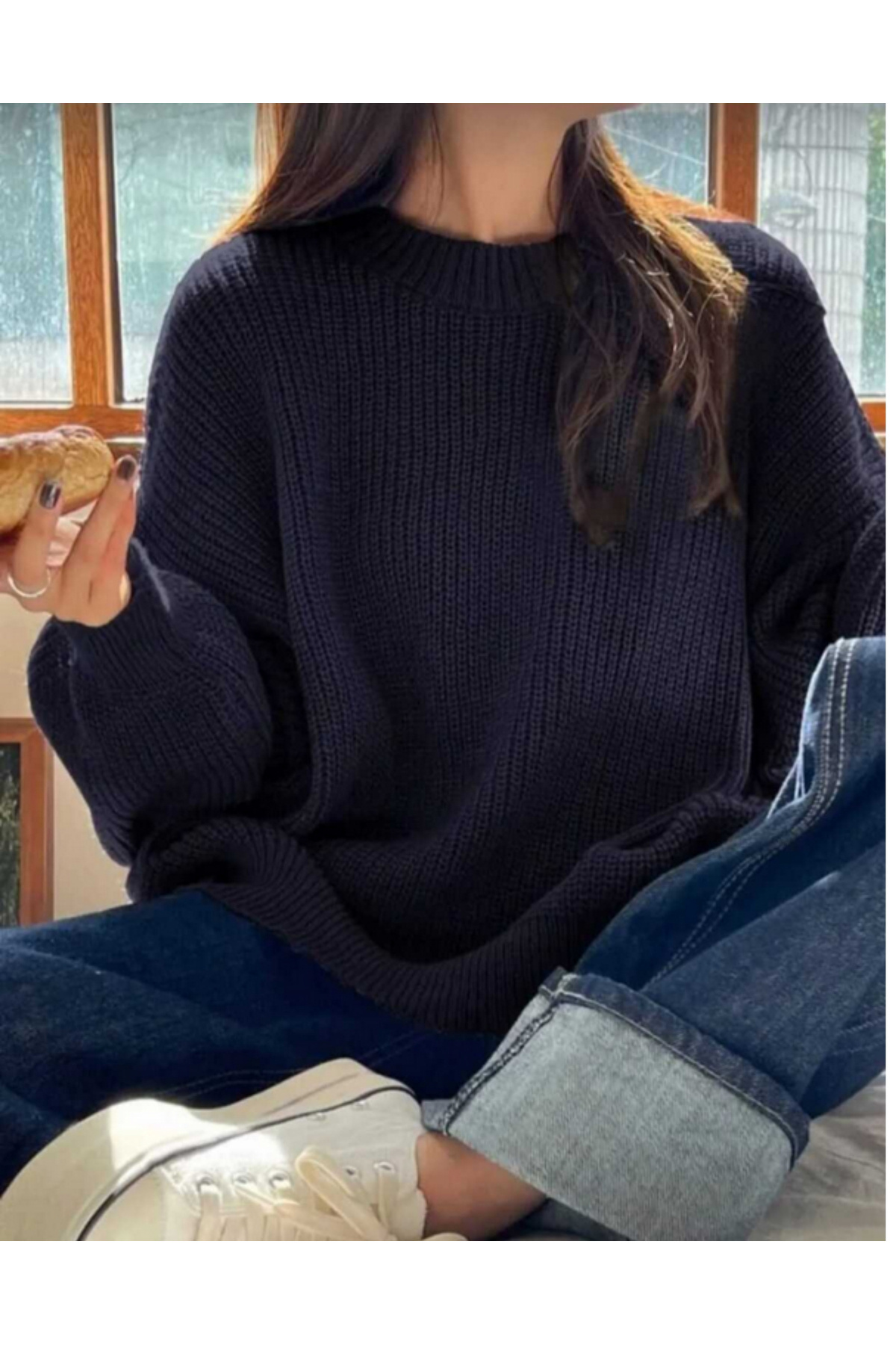 MODASPARK  Lacivert Bisiklet Yaka Oversize Kadın Triko Kazak - Görsel 7