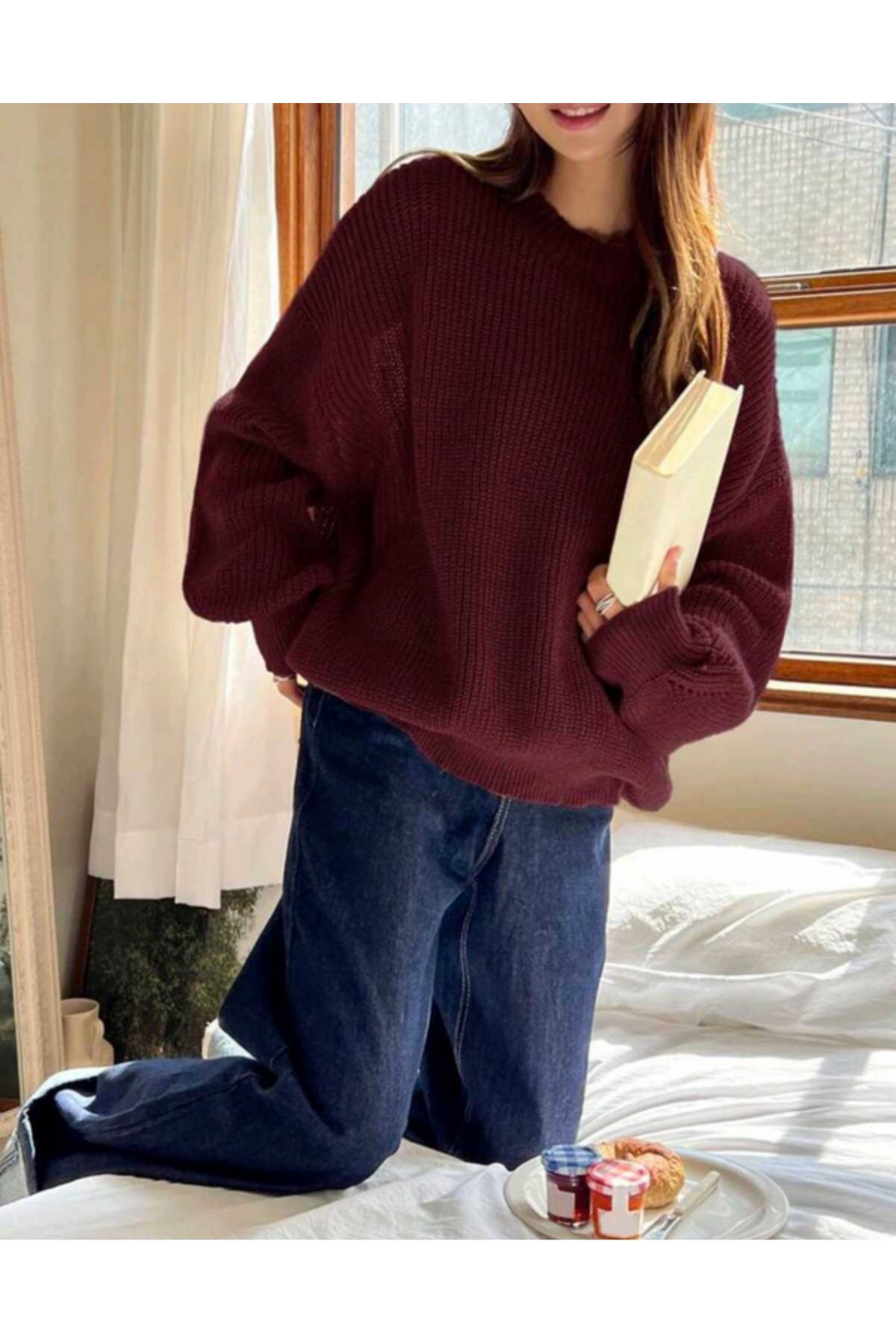 MODASPARK  Bordo Bisiklet Yaka Oversize Kadın Triko Kazak - Görsel 6