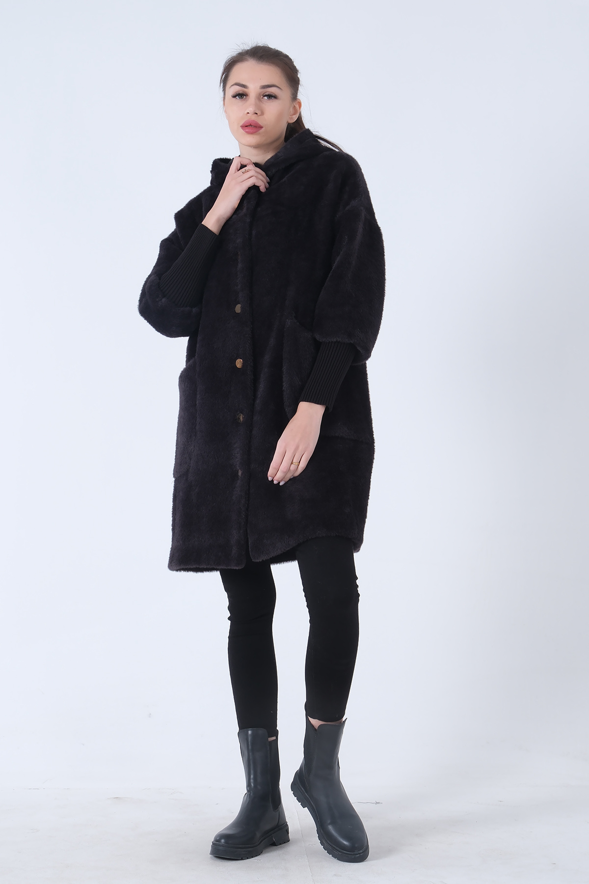 Feminist  Gold Düğmeli Kapüşonlu Yün Peluş Kaban Siyah 44510388 - Görsel 4