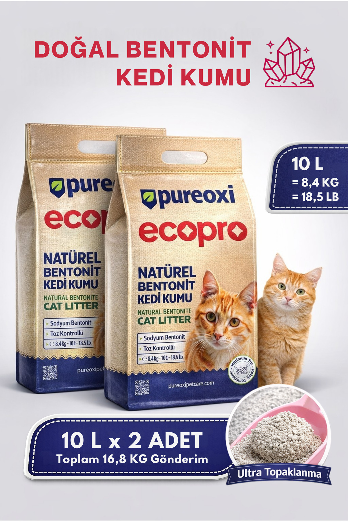 PureOxi 2x10 LT Avantaj Paketi: Ecopro Topaklanan Kokusuz Bentonit Kedi Kumu