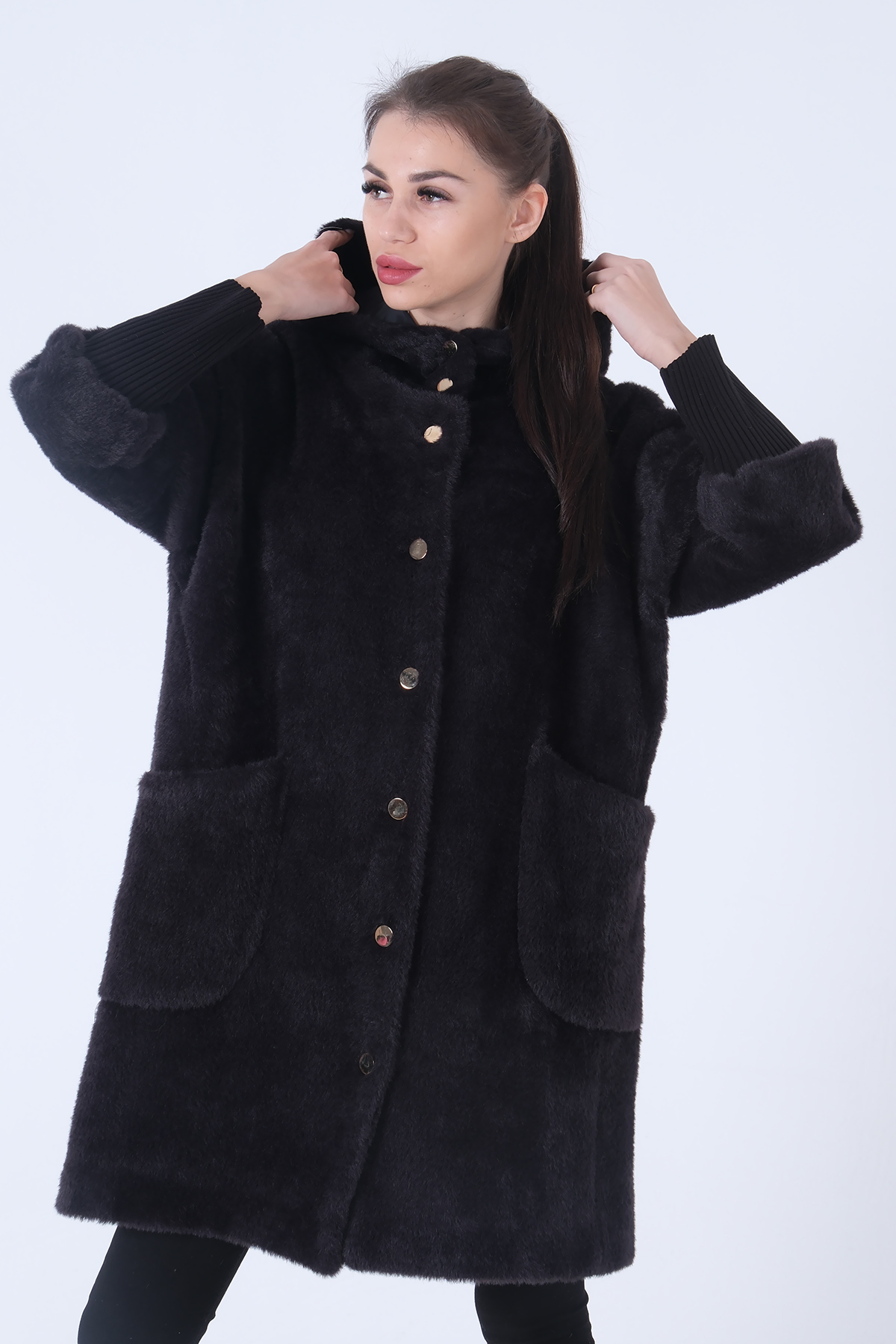 Feminist  Gold Düğmeli Kapüşonlu Yün Peluş Kaban Siyah 44510388 - Görsel 7