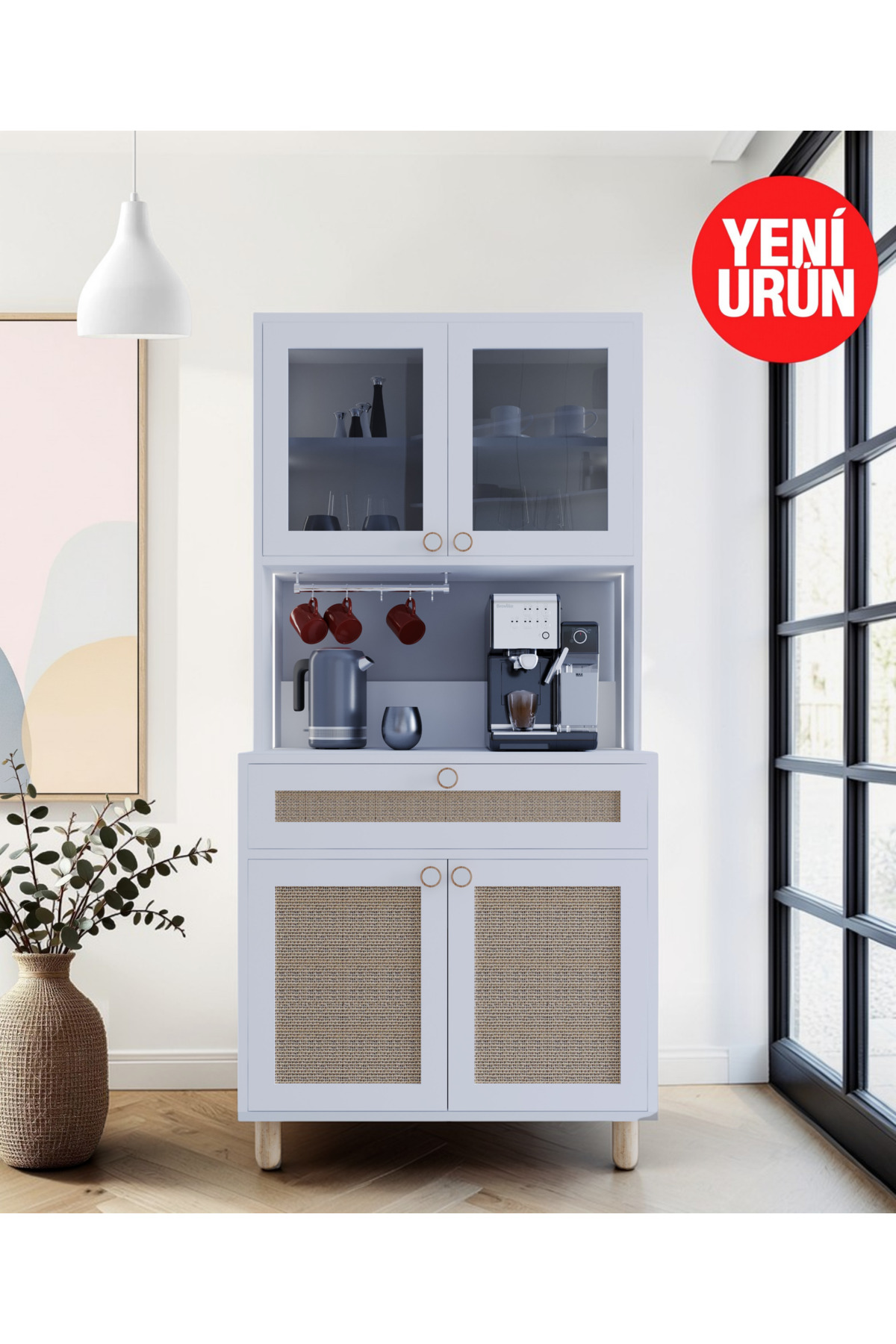 Ambiance Coffee Corner | Led Illuminated Cabinet | Tempered Blackout Glass and Jute Fabric MDF Cover