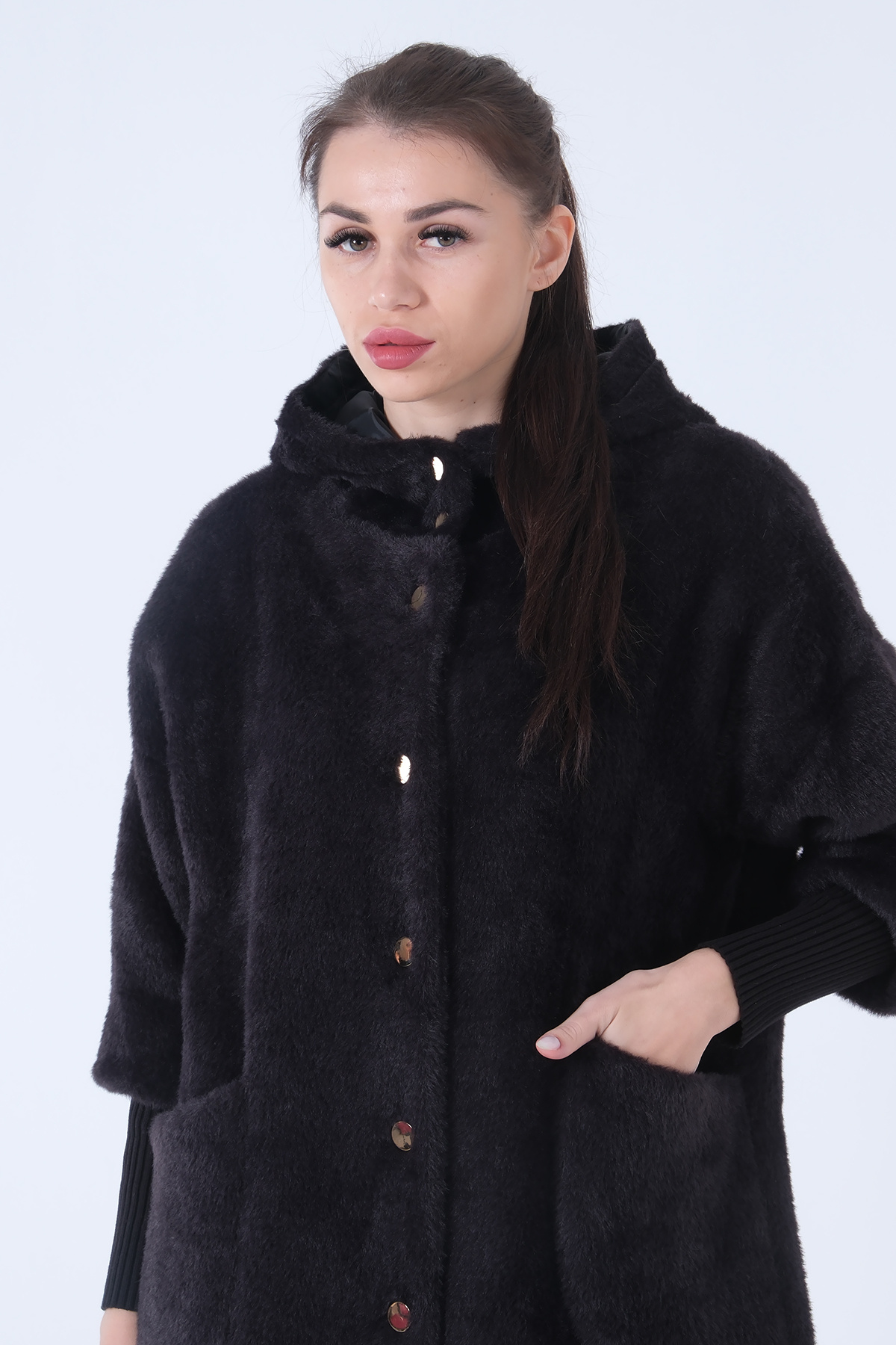 Feminist  Gold Düğmeli Kapüşonlu Yün Peluş Kaban Siyah 44510388 - Görsel 8