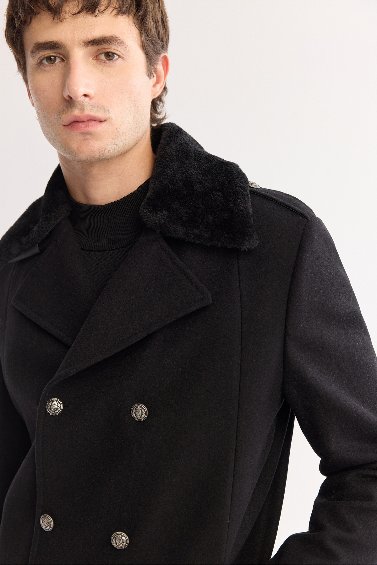 Avva  Erkek Siyah Kruvaze Yün Karışımlı Kaşe Regular Fit Kaban A52Y6069 - Görsel 2