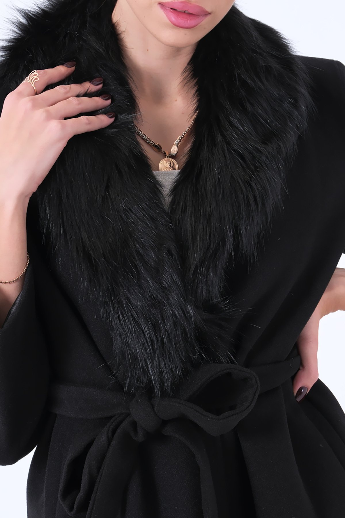 Feminist  Seyyar Kürklü Çift Cepli Kaşe Kaban Siyah 0108080 - Görsel 8