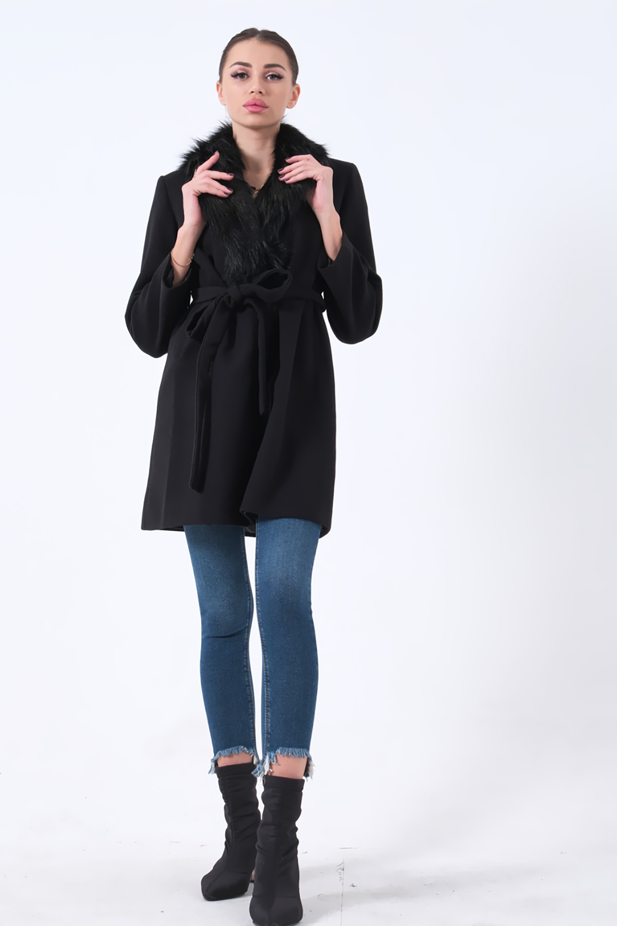 Feminist  Seyyar Kürklü Çift Cepli Kaşe Kaban Siyah 0108080 - Görsel 3