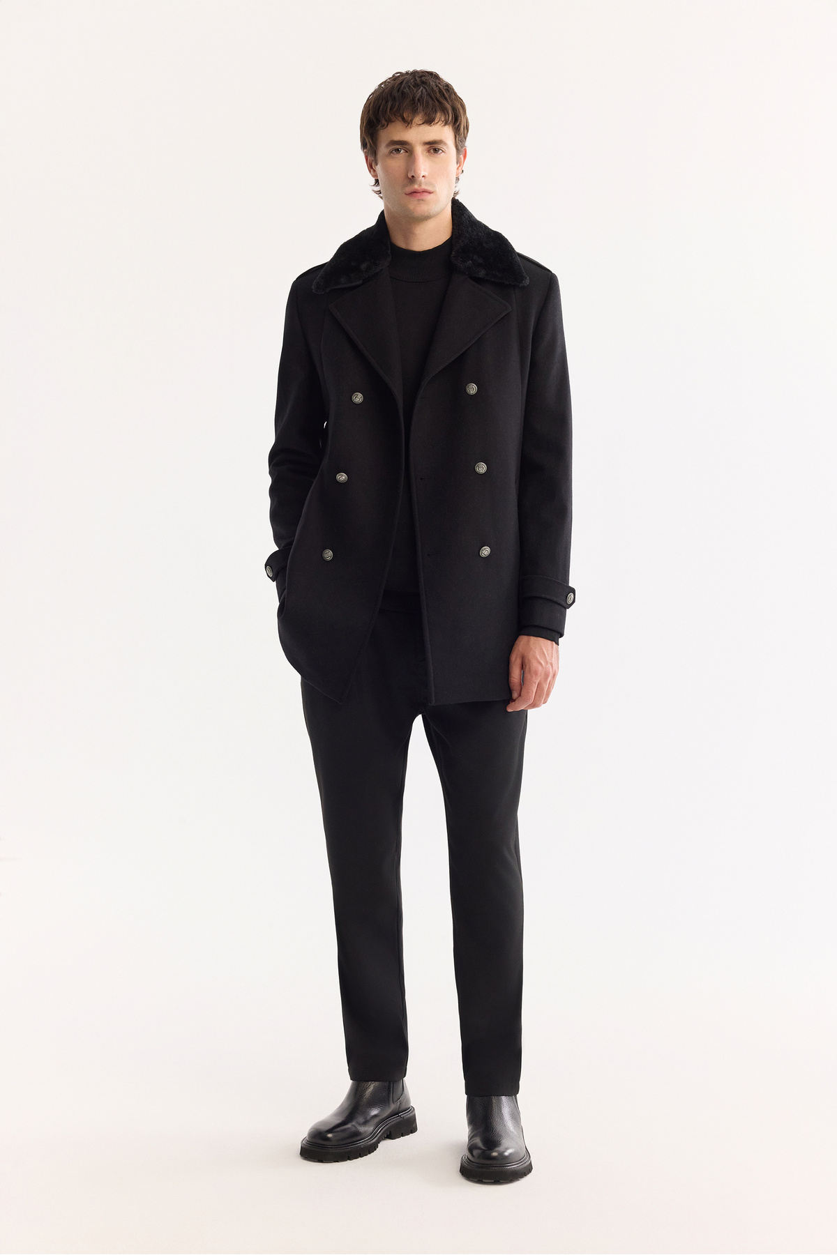 Avva  Erkek Siyah Kruvaze Yün Karışımlı Kaşe Regular Fit Kaban A52Y6069 - Görsel 6