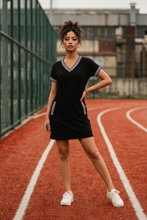 By Saygı Kadın V Yaka Cepli Kısa Kollu Şerit Detaylı Elbise