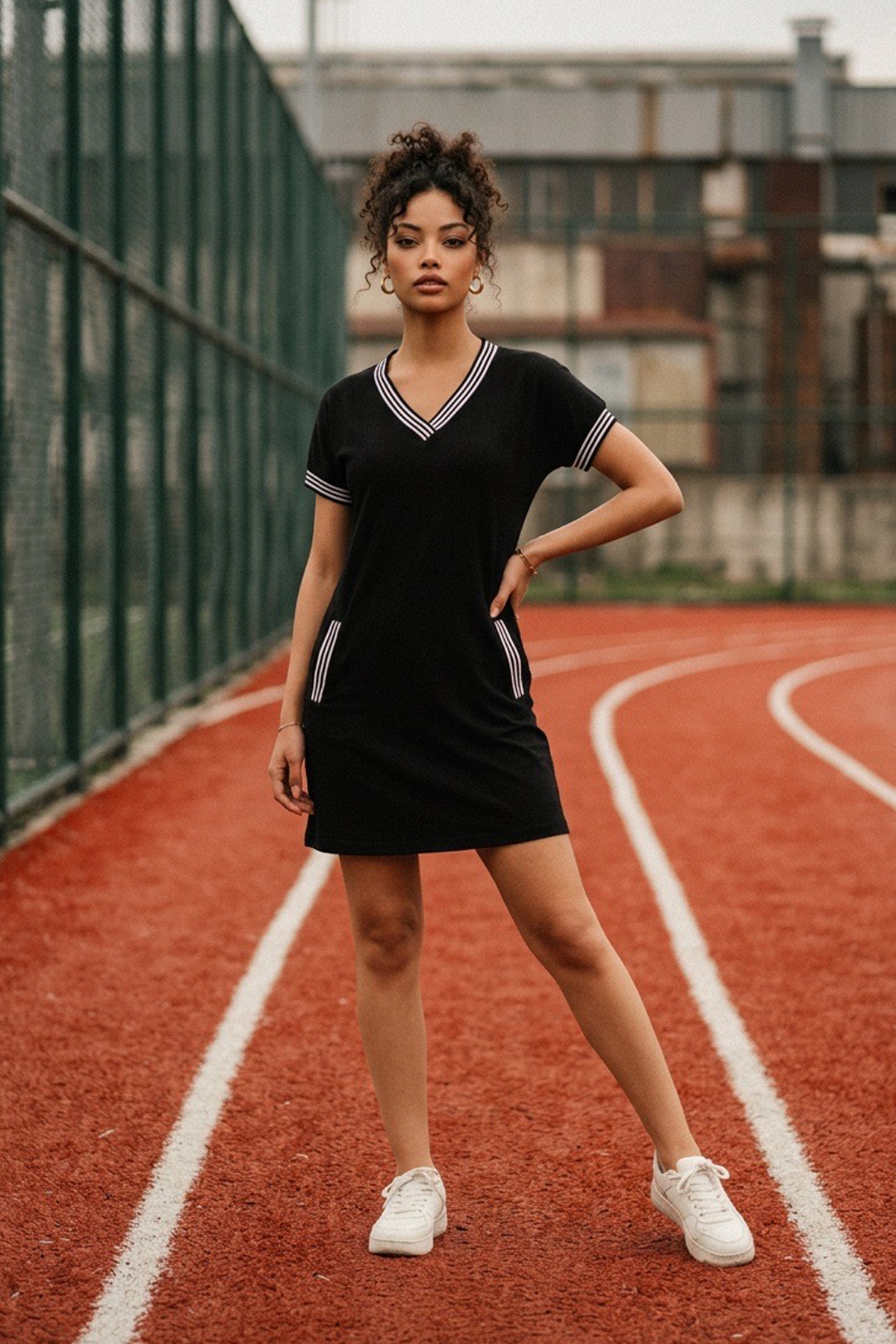 Women's V-Neck Short Sleeve Striped Dress with Pocket