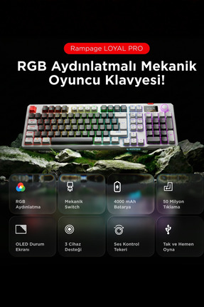 Rampage LOYAL Pro Beyaz/Gri 3 BT + 2.4 IPS Ekranlı Red Switch RGB Mekanik Kab...