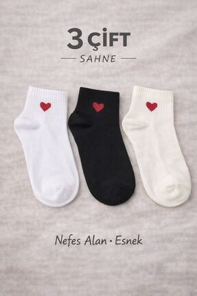SAHNE 3 lü bilek boy kırmızı kalp nakış detaylı mevsimlik kadın çorap (pamuklu)