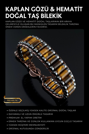 Seven Art Jewelry Kaplangözü Erkek Bileklik, Kaplan Gözü Bileklik, Doğal Taş ...