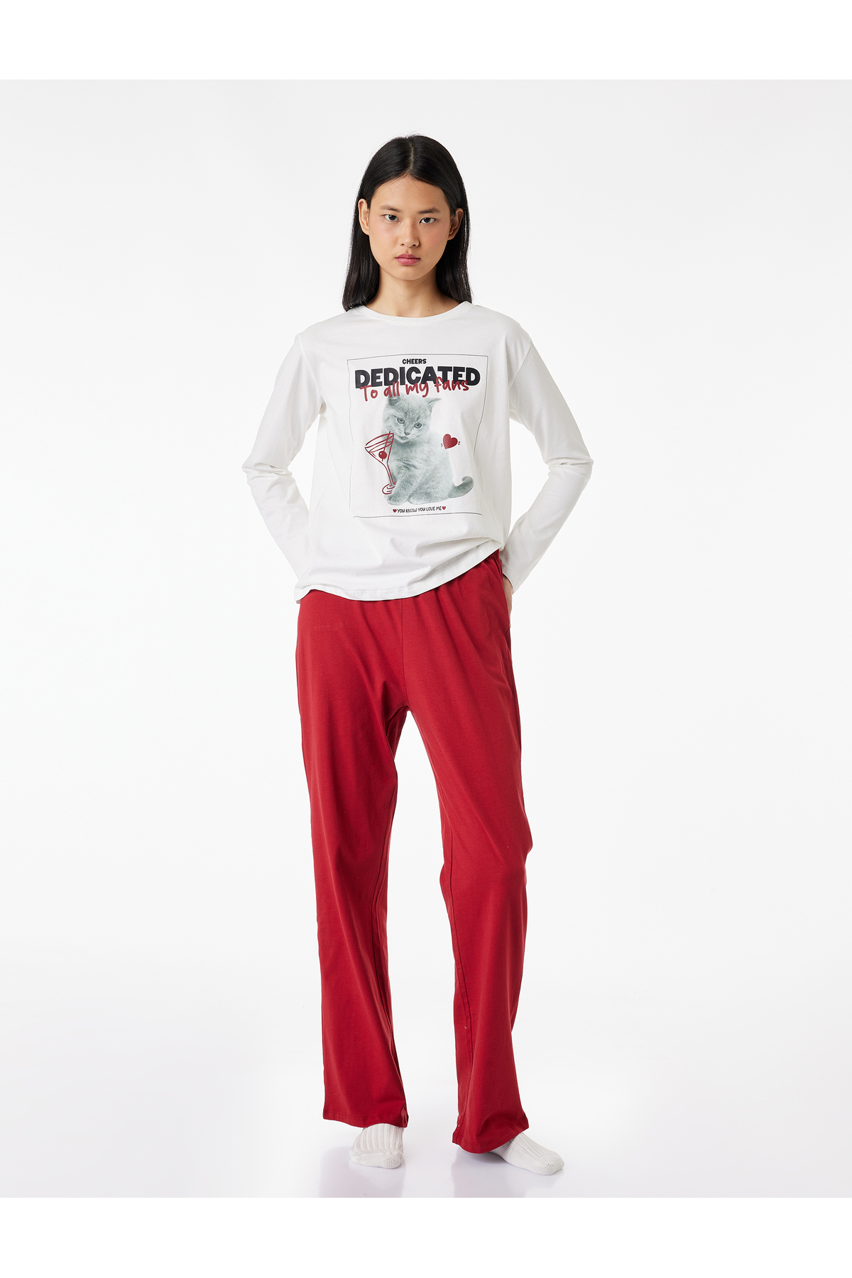Koton Cotton Long Sleeve Crew Neck Cat Printed Pajama Set