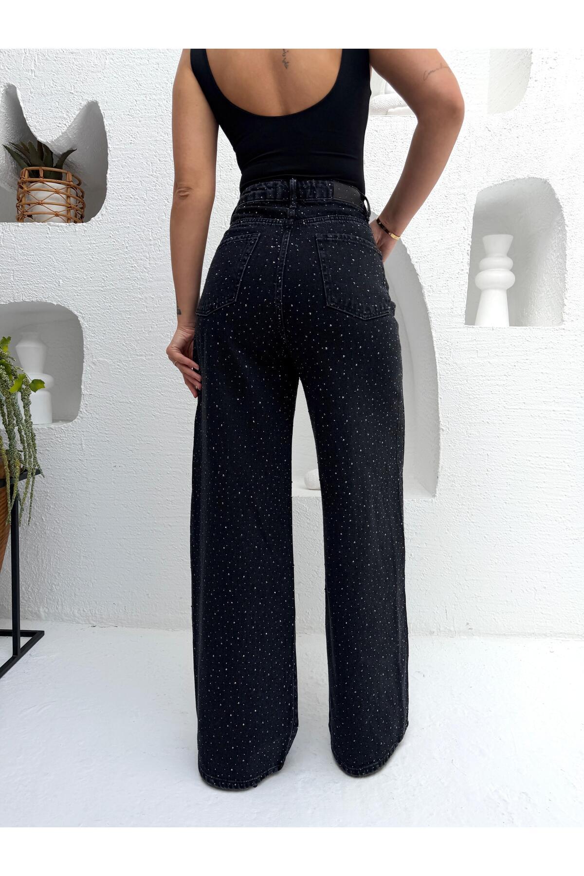 Vooz  Kadın Taşlı Baggy Jean Yüksek Bel Bol Paça Pantolon Siyah Ön Arka Taşlı - Görsel 7