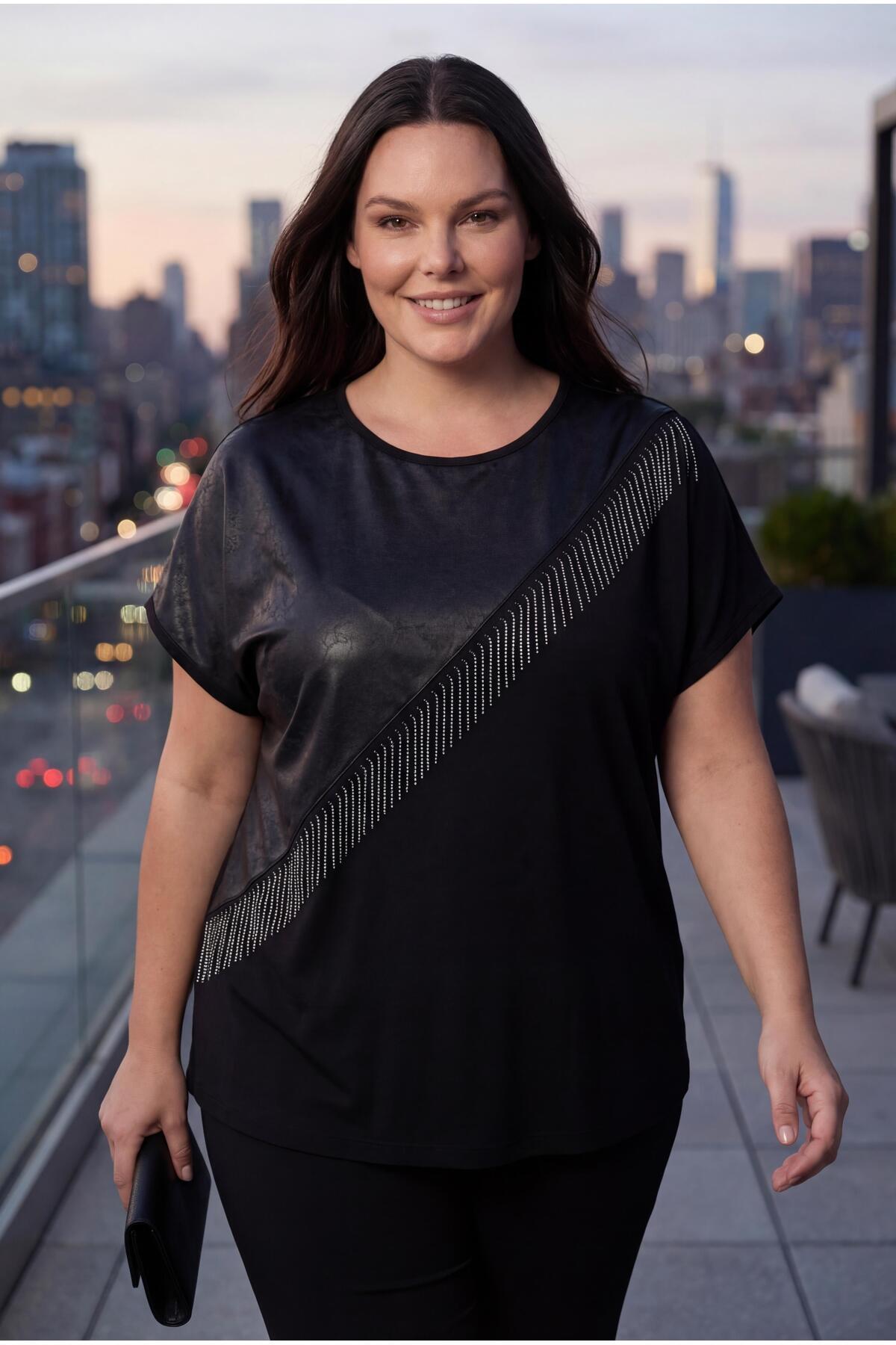 Ebsumu  Kadın Büyük Beden Deri Görünüm Ve Püskül Detay Siyah Bluz - Görsel 9