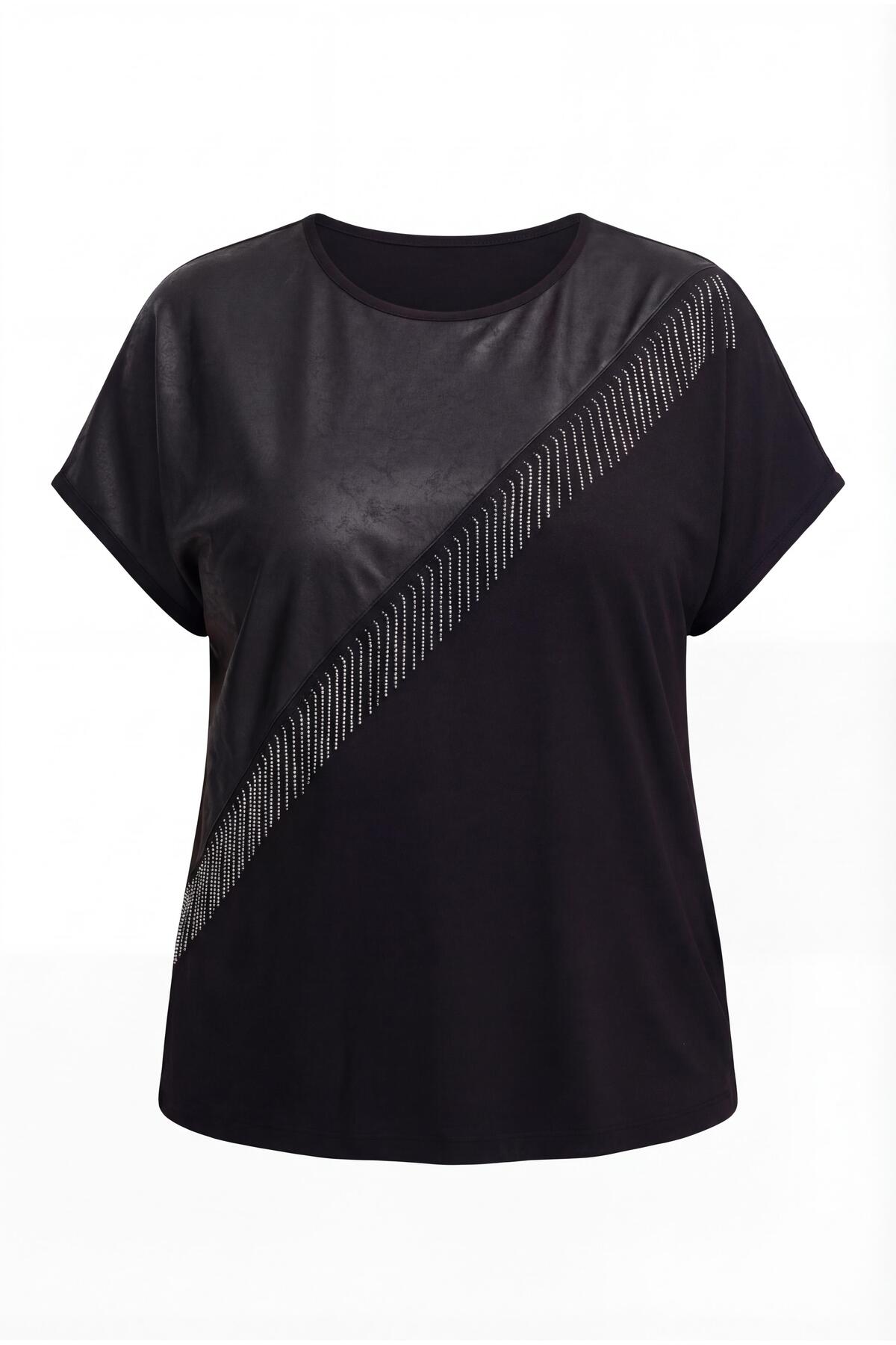 Ebsumu  Kadın Büyük Beden Deri Görünüm Ve Püskül Detay Siyah Bluz - Görsel 8