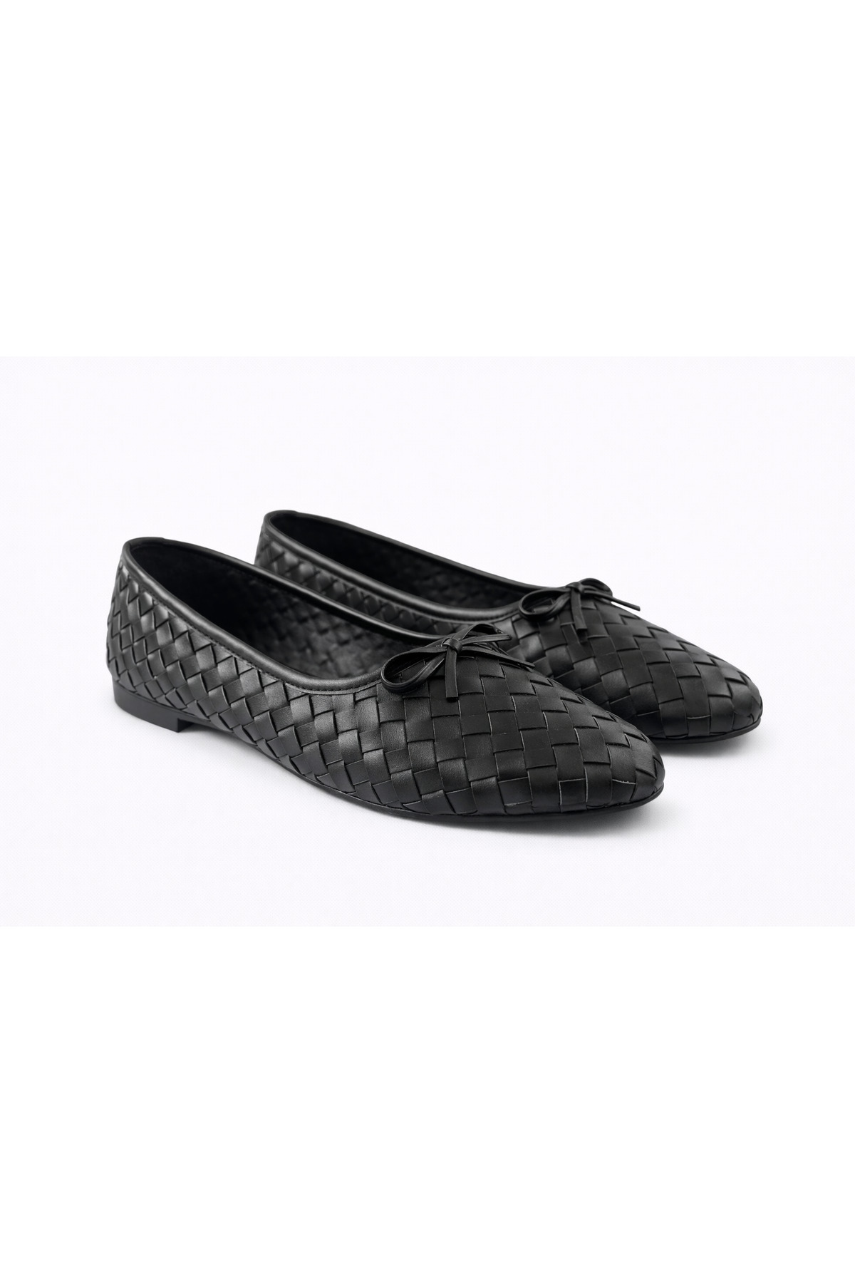 Women's Black Faux Leather Textured Knitted Patterned Bow Tie Flats