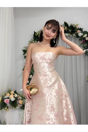 Miss Beyoğlu Kadın Saten Jakarlı Kloş Straplez Tasarım Prenses Elbise