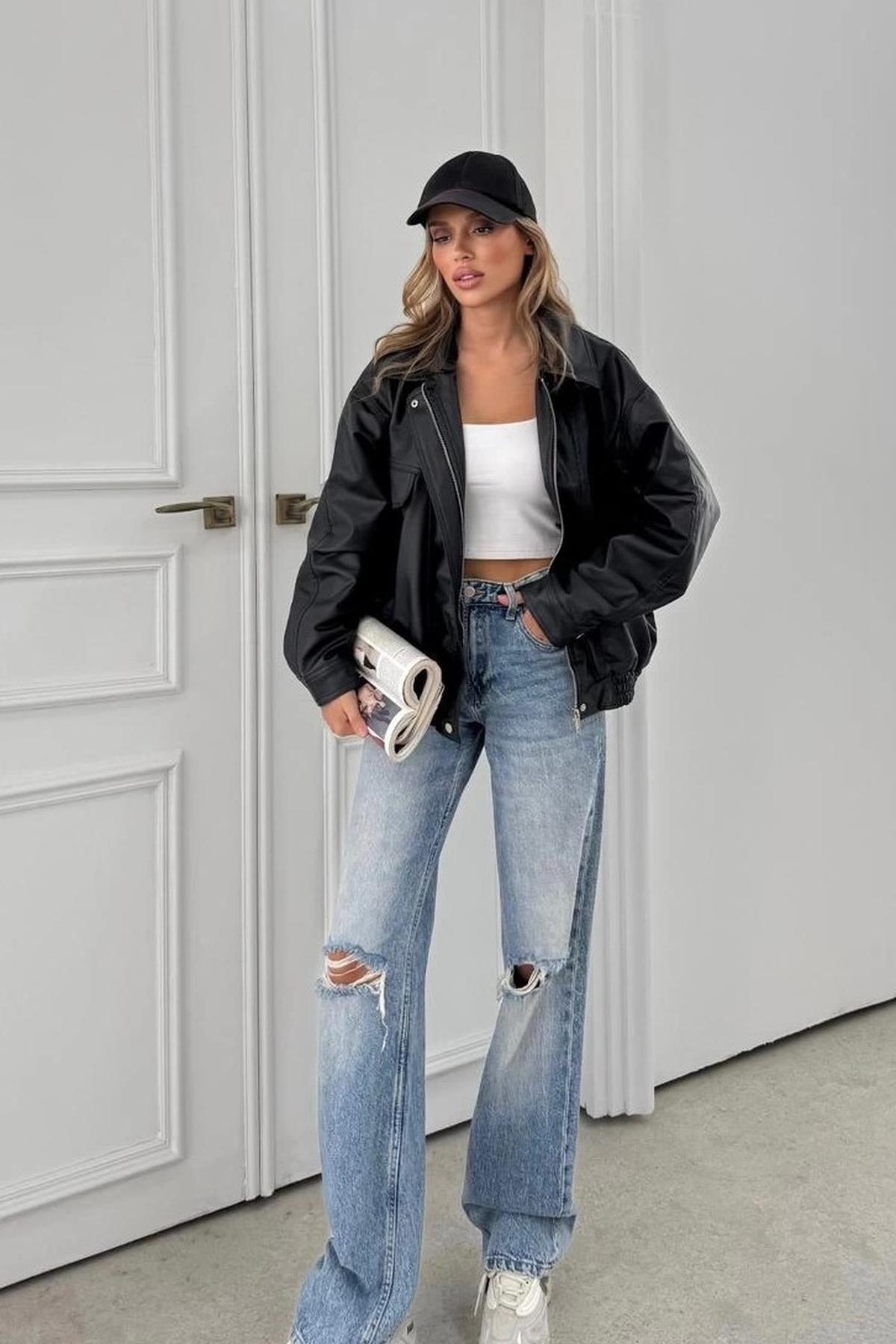 BELİZMOD PB Oversize Siyah Kadın Deri Ceket görsel 3