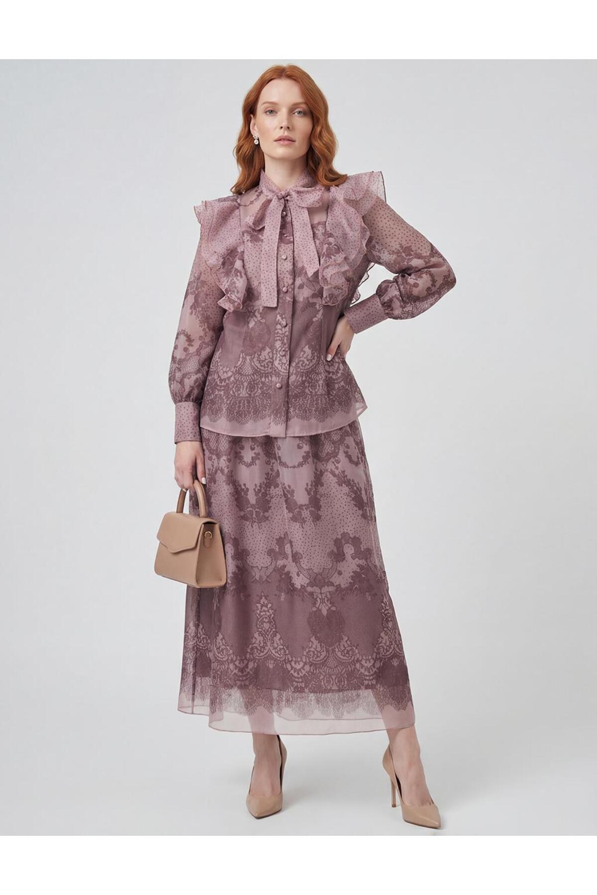 Kayra Shawl Collar Organza Set Dried Rose