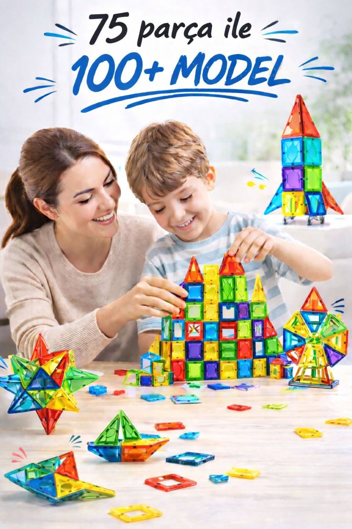 ZİVENTA Magnetic Tiles 75 Parça Manyetik Yapı Blokları Eğitici STEM Oyuncak İnşa Oyuncağı Zeka Geliştirici fotoğrafı 3 (önizleme)