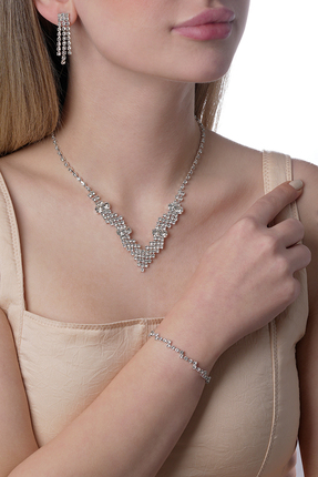 Renkada Gümüş Kaplama Güneş Kolye, Küpe, Bileklik Takı Seti Düğün,Nişan,Davet...