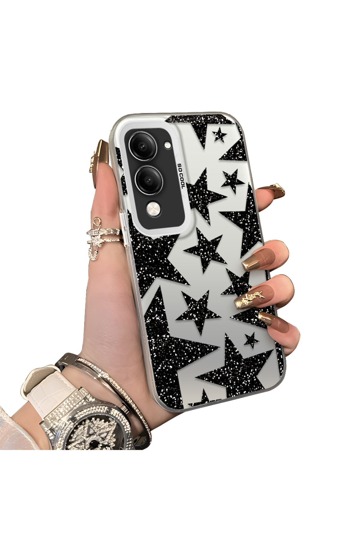 Vivo Y29S Compatible Rigid Acrylic Rear Silicone Edge Lens Protection Case Star patterns