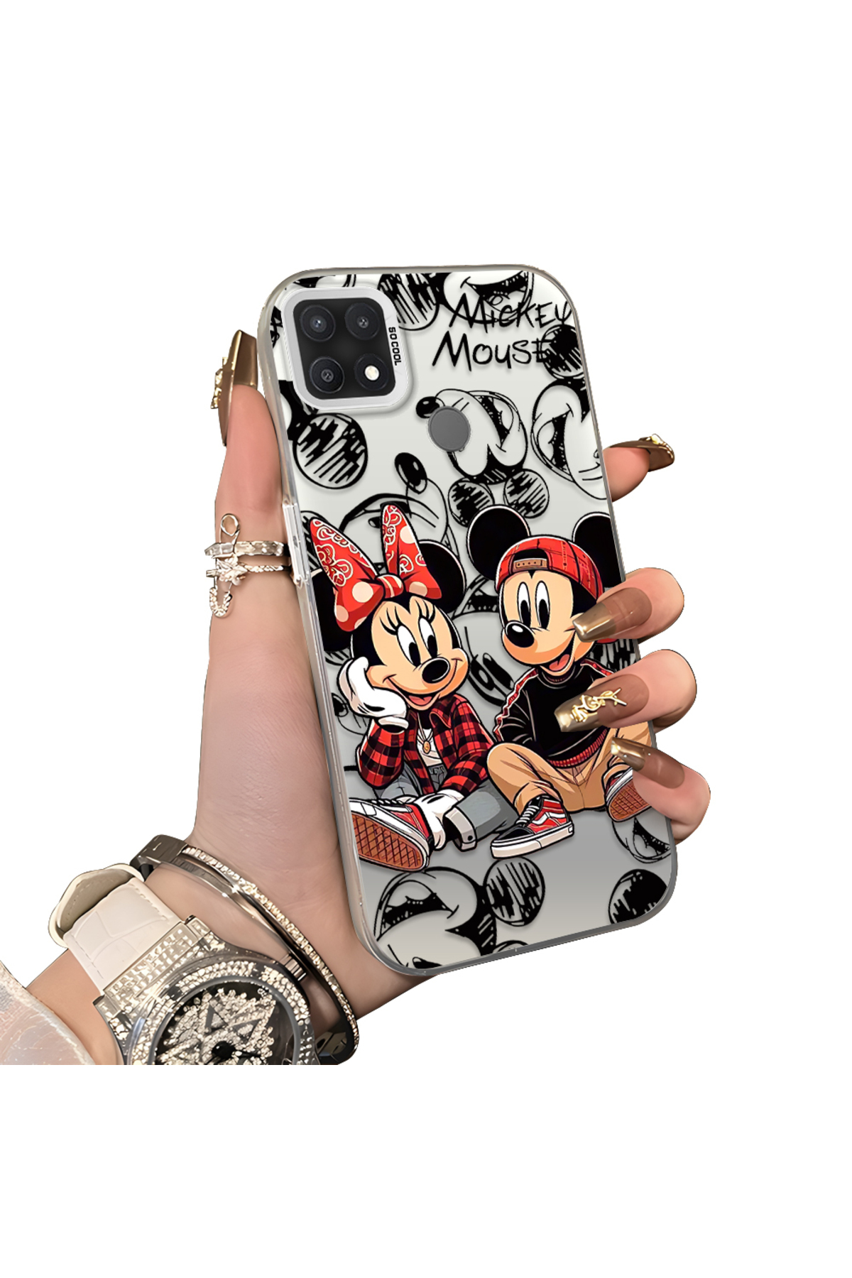 OPPO A15/A15S Compatible Hard Acrylic Rear Silicone Edge Lens Protection Case Mickey