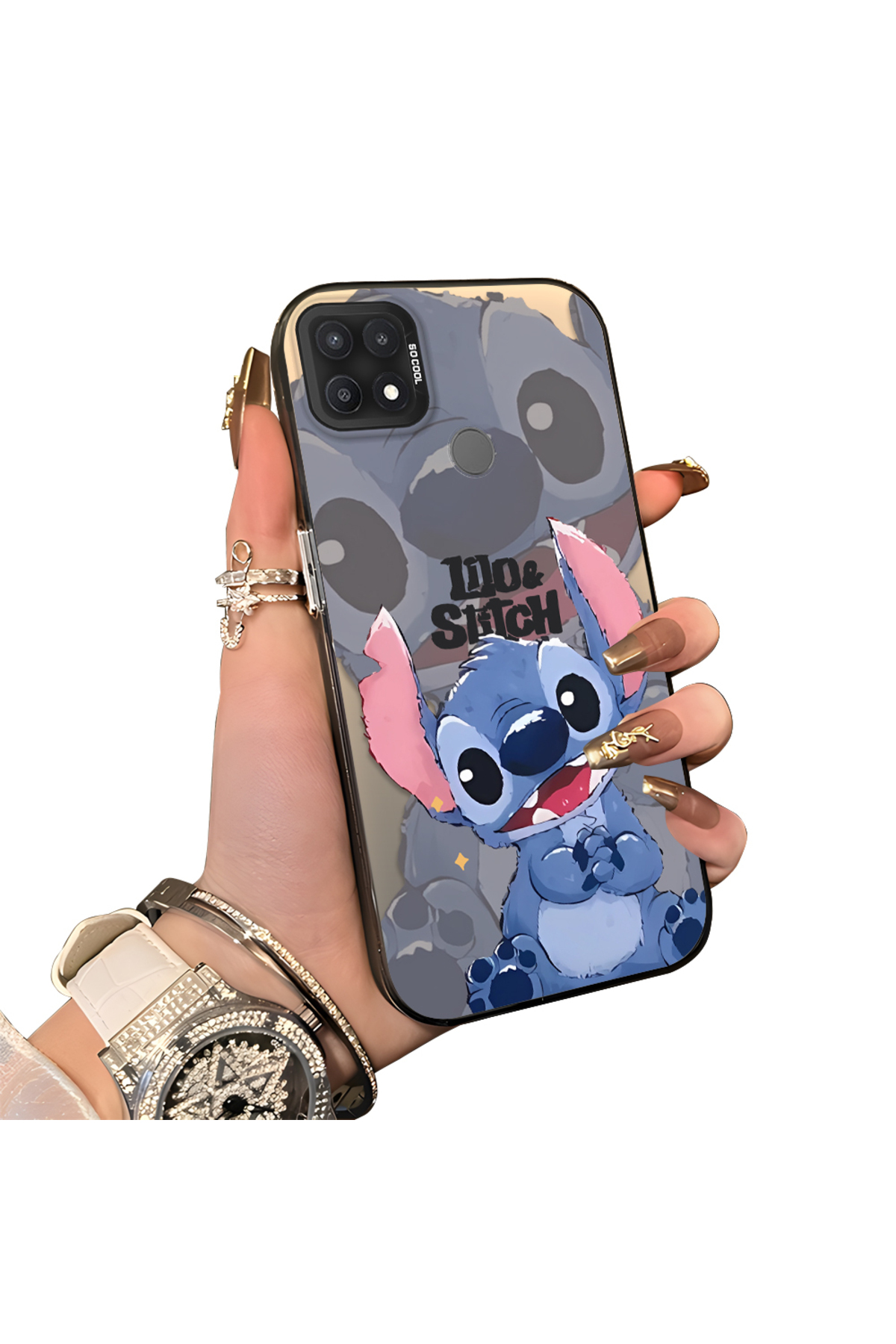 OPPO A15/A15S Compatible Hard Acrylic Rear Silicone Edge Lens Protection Case with Stitch Pattern