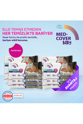 MED-COVER Baby Pişik Önleyici Bakım Mendili – Kese Formu 8'li x 12 Avantaj Pa...