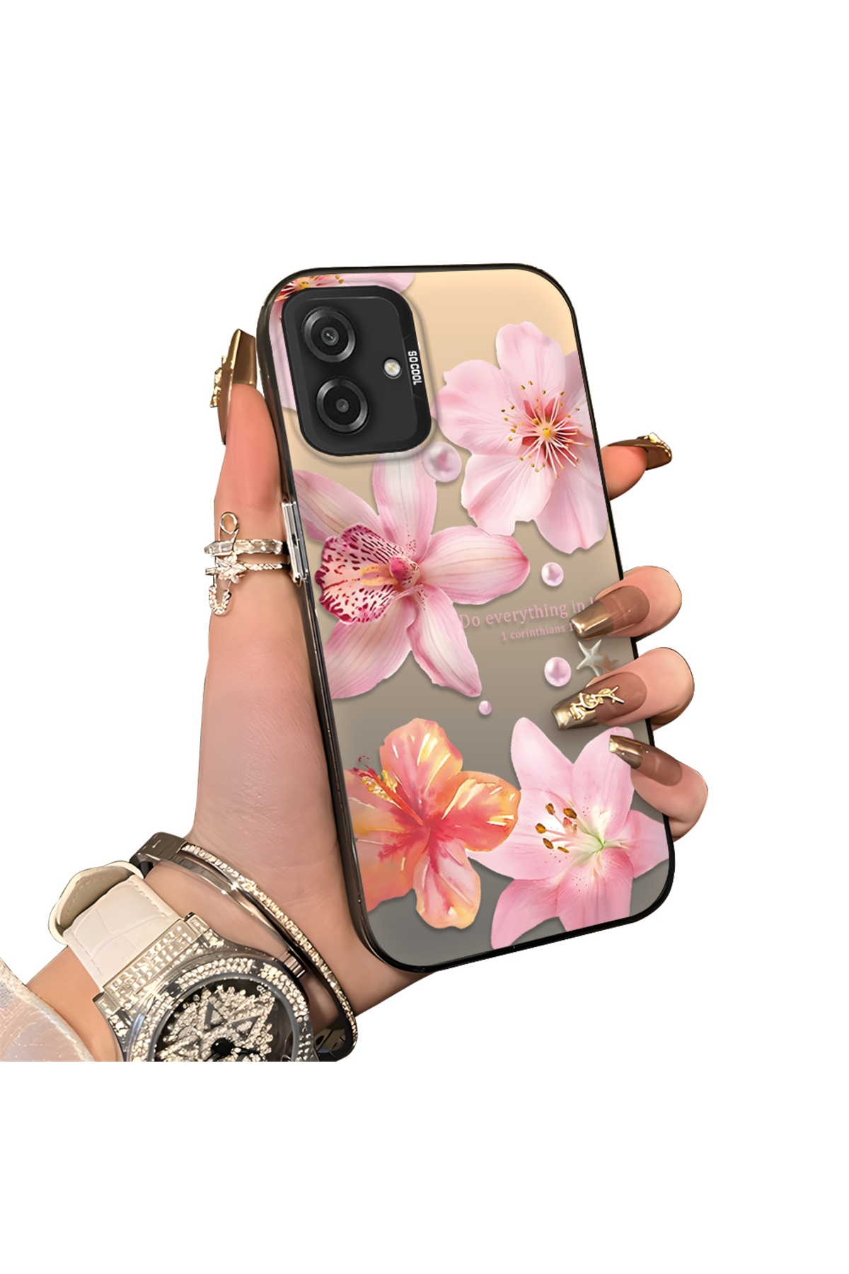 Samsung Galaxy A07 4G Compatible Hard Acrylic Rear Silicone Edge Lens Protection Case lily pattern