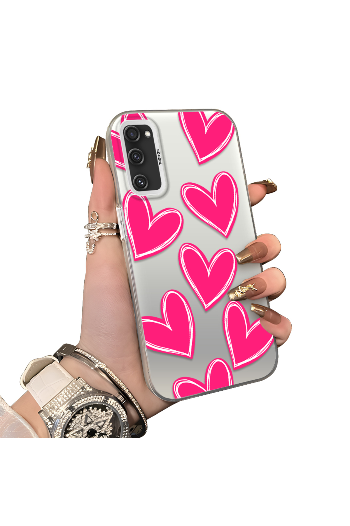 Samsung Galaxy S20 FE 4G/5G Compatible Hard Acrylic Rear Silicone Edge Lens Protection Case Heart Pattern