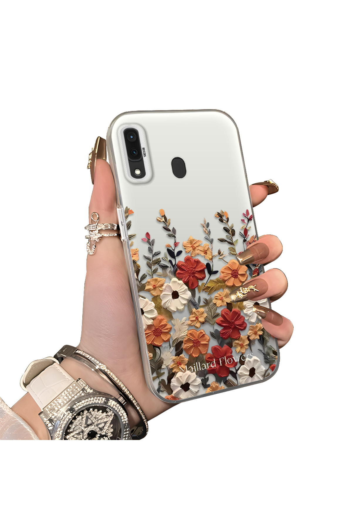 Samsung Galaxy A30/A20 Compatible Hard Acrylic Back Silicone Edge Lens Protection Case Beautiful Flower