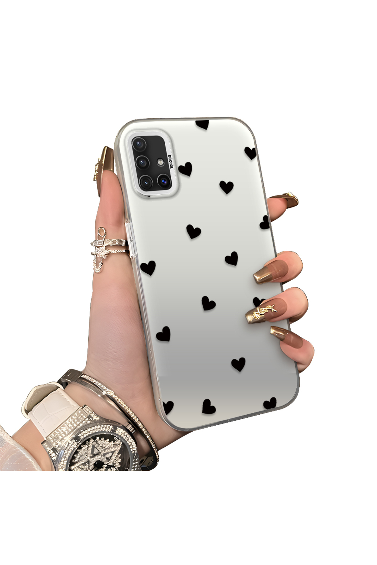 Samsung Galaxy A51 4G Compatible Hard Acrylic Rear Silicone Edge Lens Protection Case Heart pattern