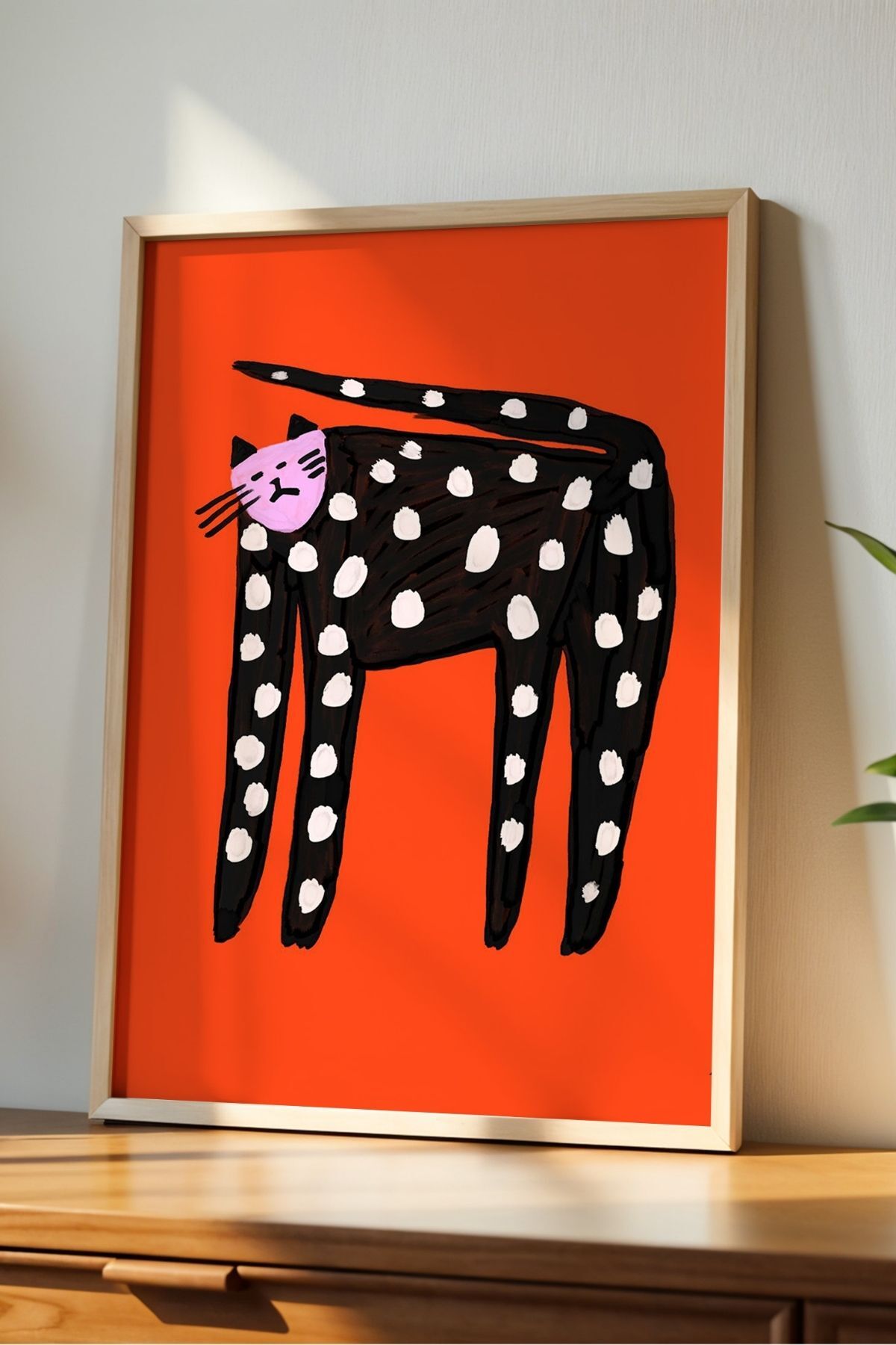 Kırmızı Kedi Tablosu Poster Modern Hayvan Figürlü Duvar Dekoru Çerçevesiz