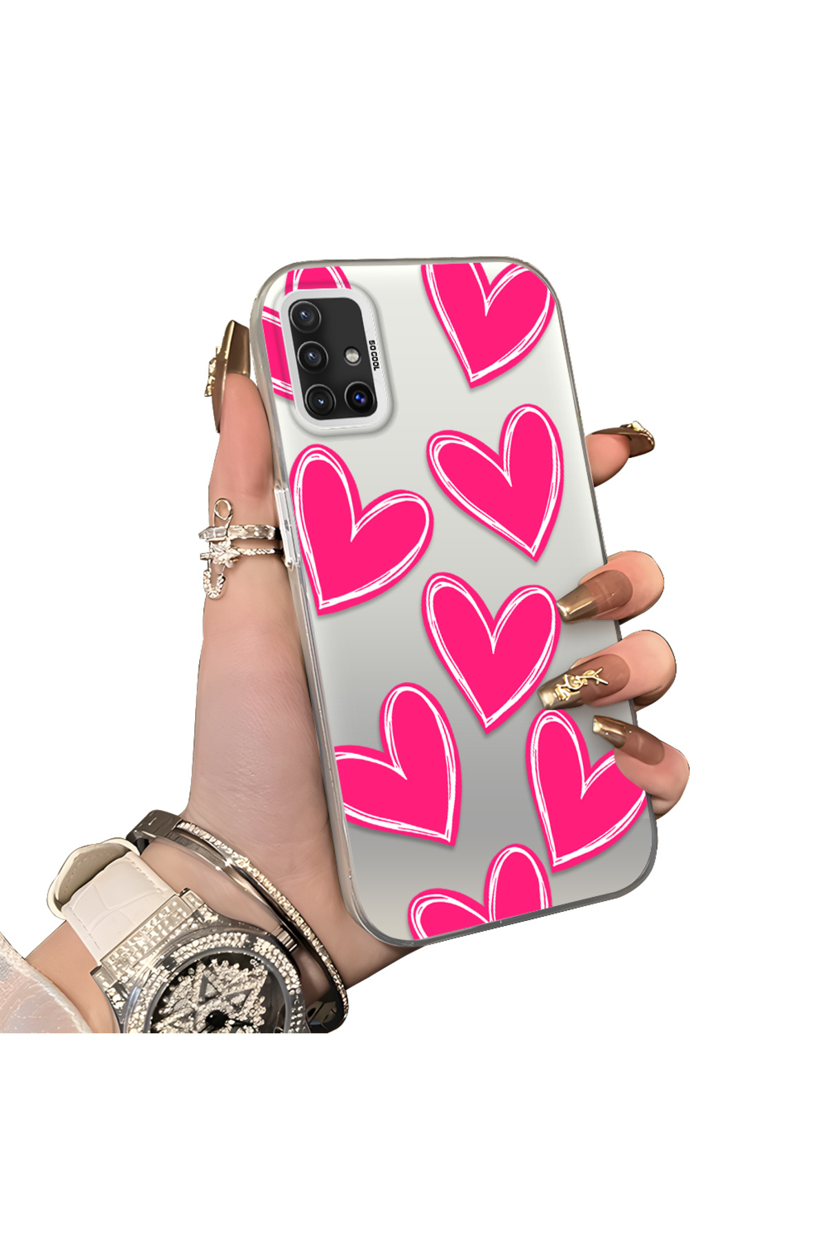 Samsung Galaxy A51 4G Compatible Hard Acrylic Back Silicone Edge Lens Protection Case Heart Pattern