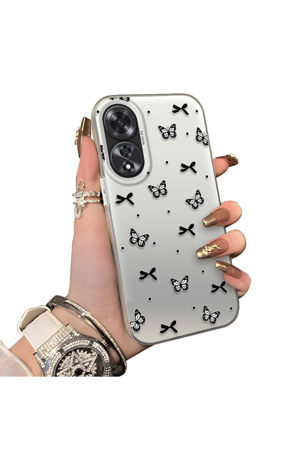 OPPO A60 Compatible Hard Acrylic Rear Silicone Edge Lens Protection Case butterfly pattern