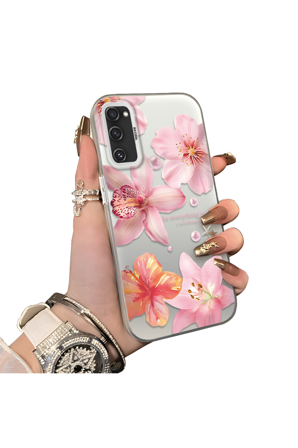 Samsung Galaxy S20 FE 4G/5G Compatible Hard Acrylic Rear Silicone Edge Lens Protection Case lily pattern