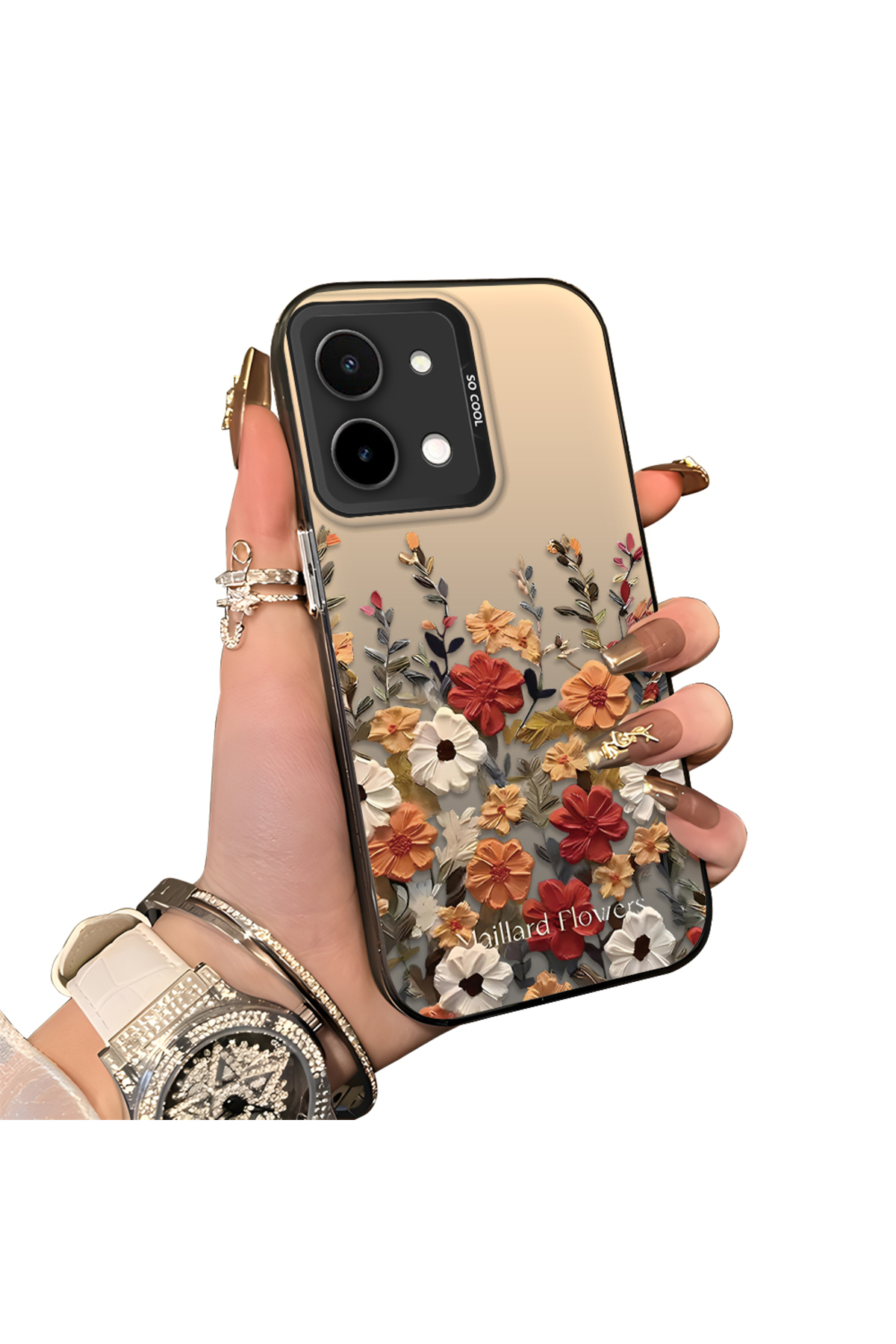 Vivo Y28 4G Compatible Hard Acrylic Back Silicone Edge Lens Protection Case Beautiful Flower