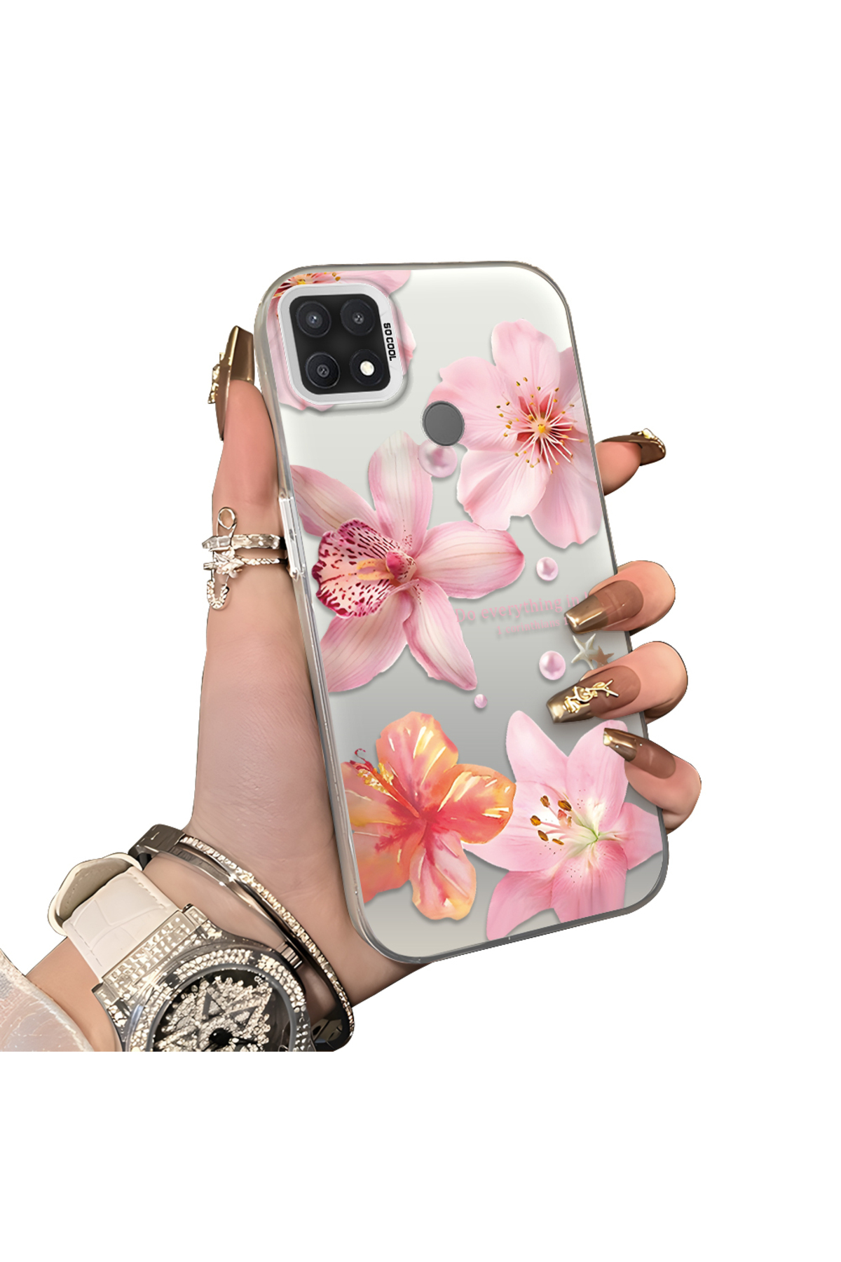 Oppo A15/A15S Compatible Hard Acrylic Rear Silicone Edge Lens Protection Case lily pattern