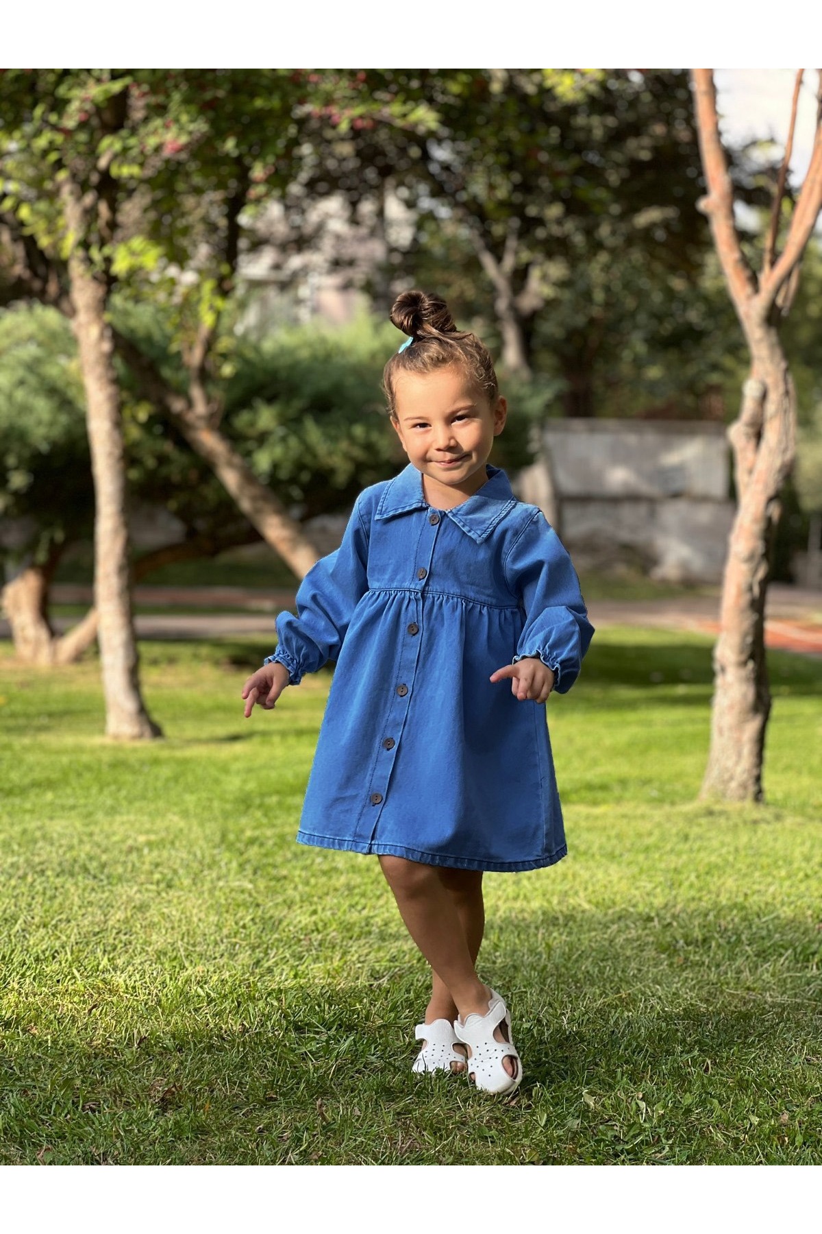 Pollito Kız Çocuk Gömlek Yaka Detay Önü Düğmeli Robalı Kot Elbise fotoğrafı 3 (önizleme)