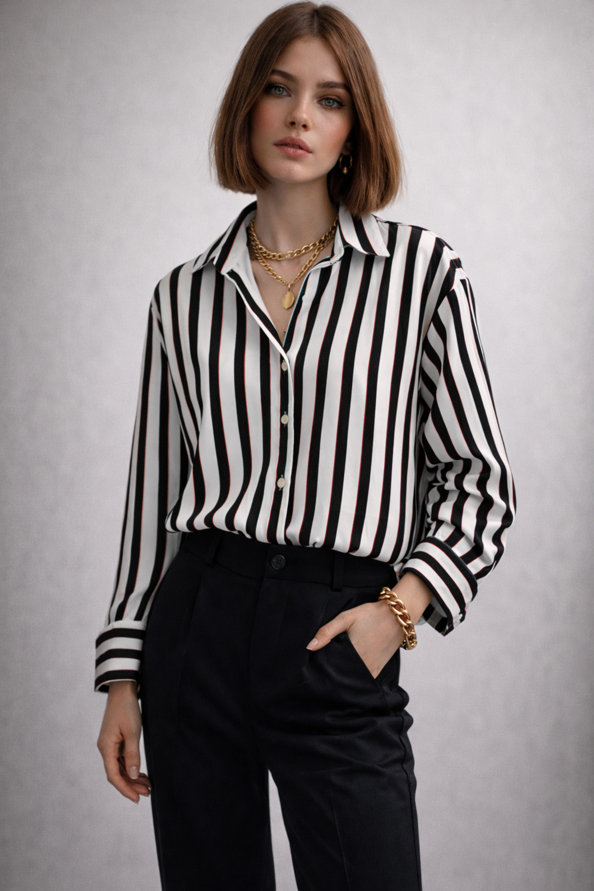 ribana  Kadın Çizgili saten kumaş Klasik Yaka, Önü Düğmeli Uzun kollu, Manşet Bitişli Gömlek 3971 - Görsel 3