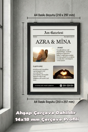 Azresa Kişiye Özel Çerçeveli Anı Gazetesi - Siyah Ahşap Çerçeveli Fotoğraflı ...