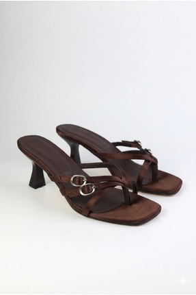 wolfcity Kadın Saten Çift Toka Detaylı parmak arası Kısa Topuklu Terlik Ve Sa...