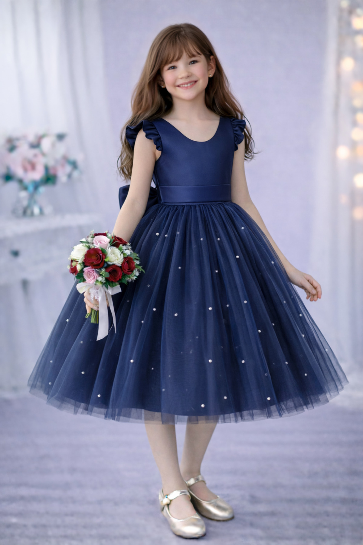 Girls Navy Blue Ruffle Sleeve Pearl Dress Graduation Birthday Special Day Evening Dress