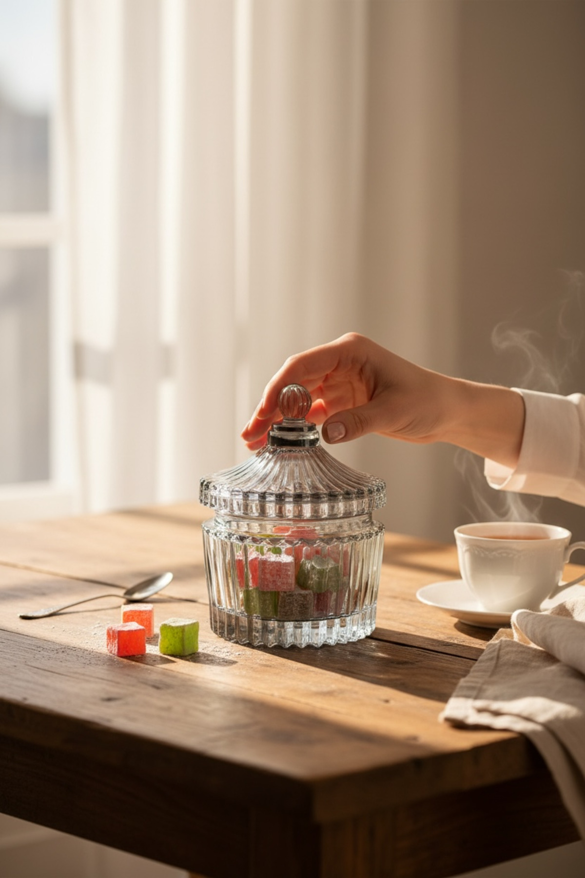 90 ML Line Çizgili Cam Lokumluk – Dekoratif Şekerlik & Çerezlik Sunumluk