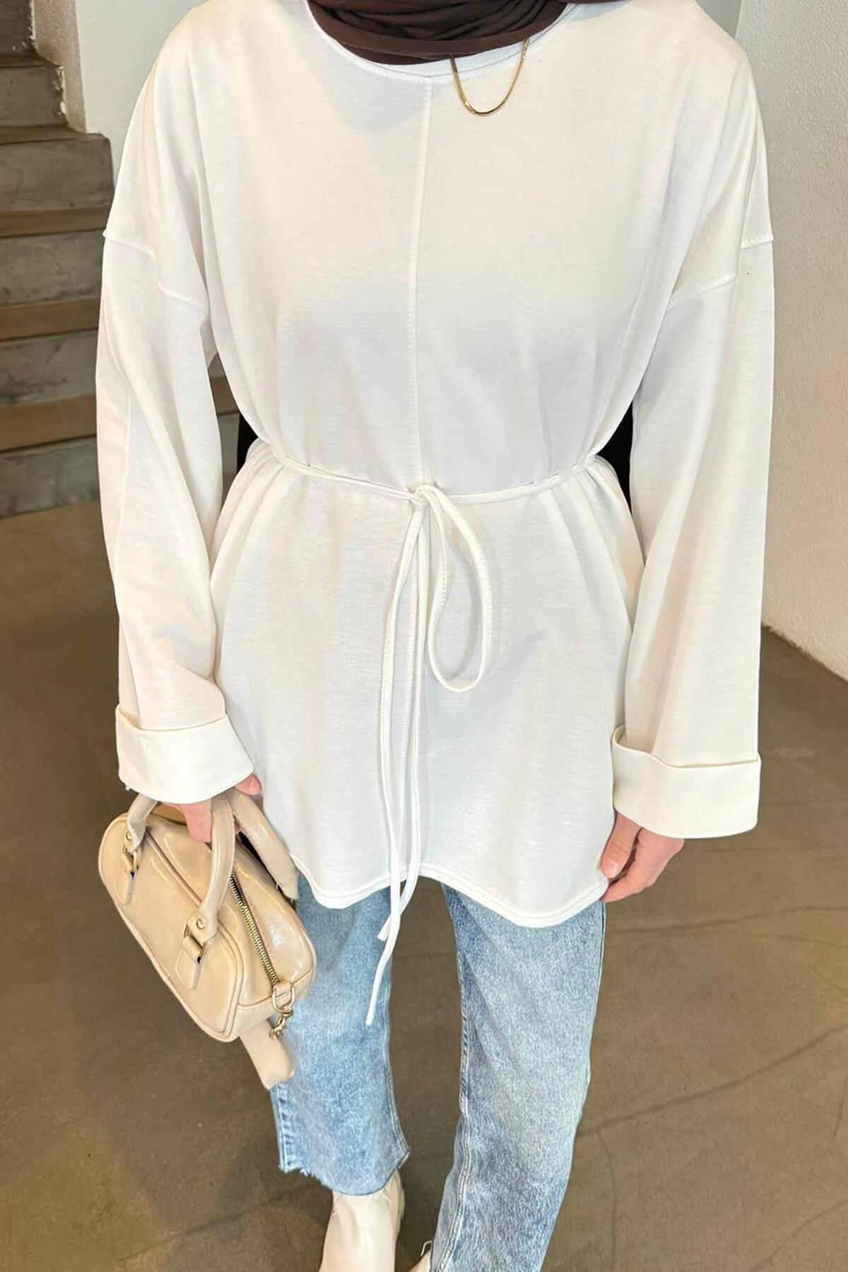 lamelif Yırtmaç Detaylı Sweat Beyaz görsel 3