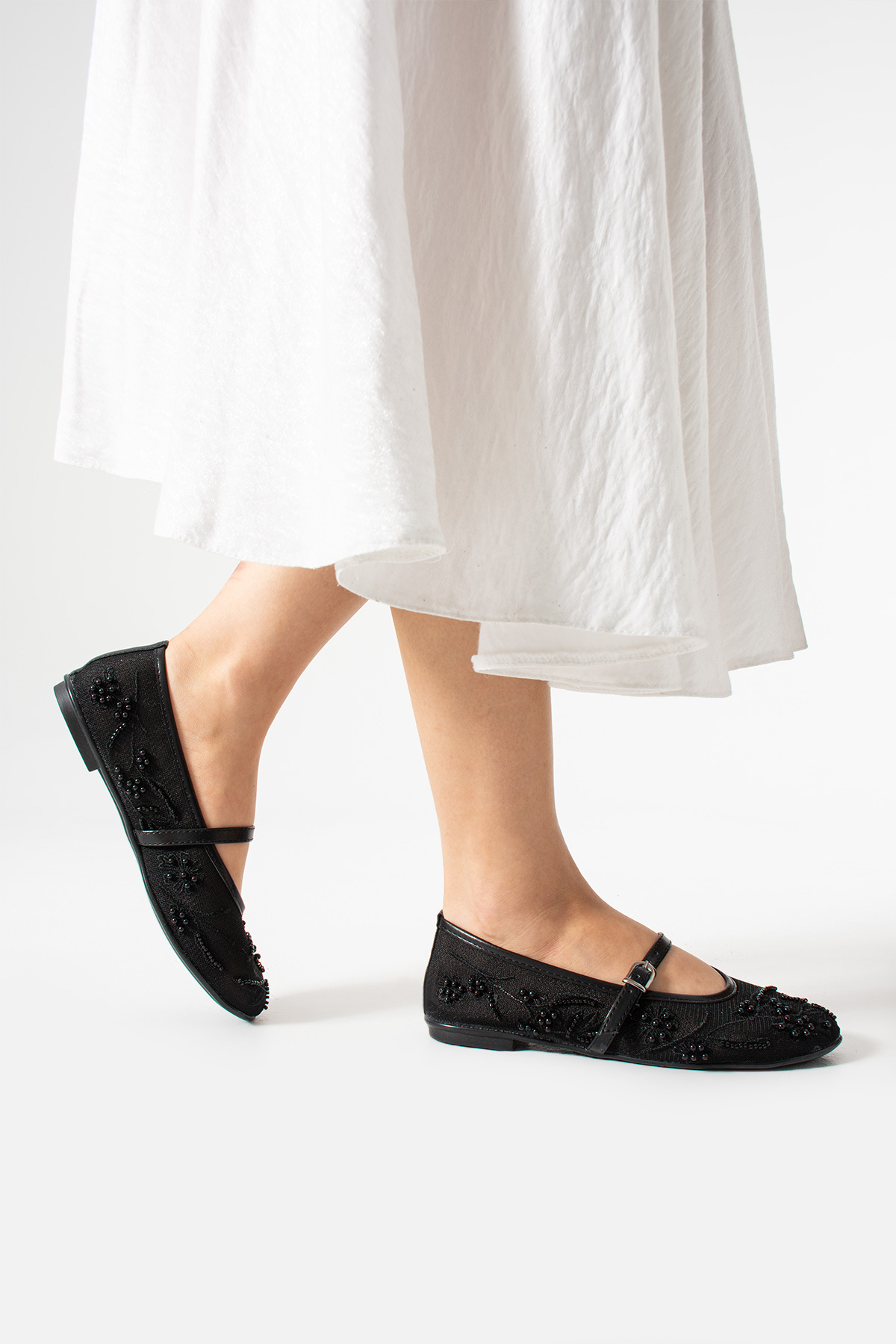 Bufu  Madrid Siyah Boncuk Nakış Işlemeli Yazlık Kadın File Babet - Görsel 4