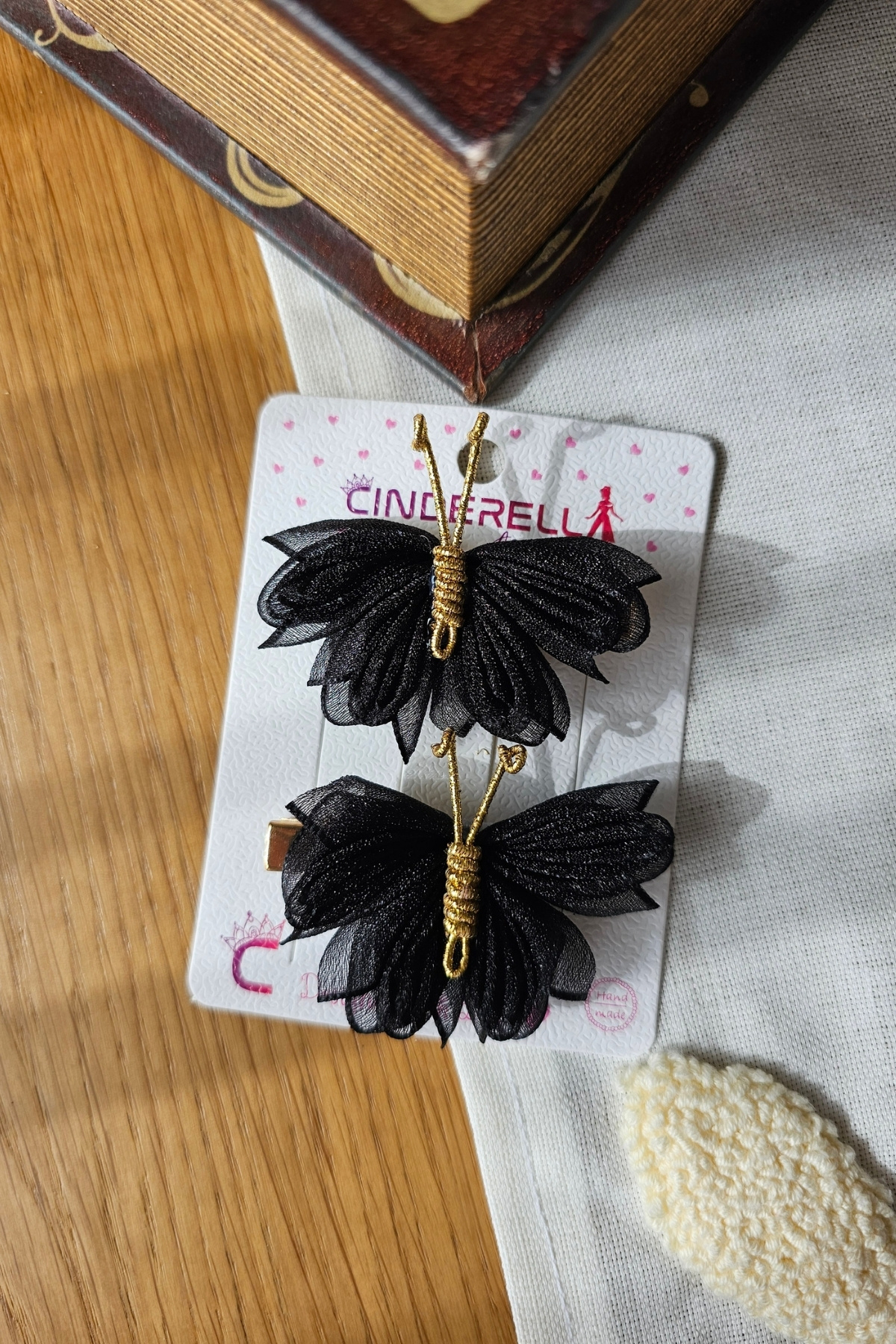 2-Piece Stylish Black Tulle Winged Gold Detailed Butterfly Clasp Set 5cm - Butterfly Clasp Collet Clip Hairpin