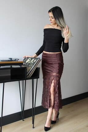 SEVENLINE Kadın Saten Dantel Detaylı Yırtmaçlı Midi Etek